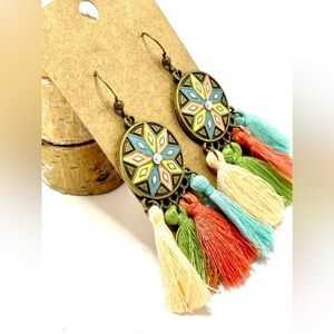NEW INVENTORY! Antiqued Bronze Boho Enamel, Tassel and Rhinestone Earrings.​